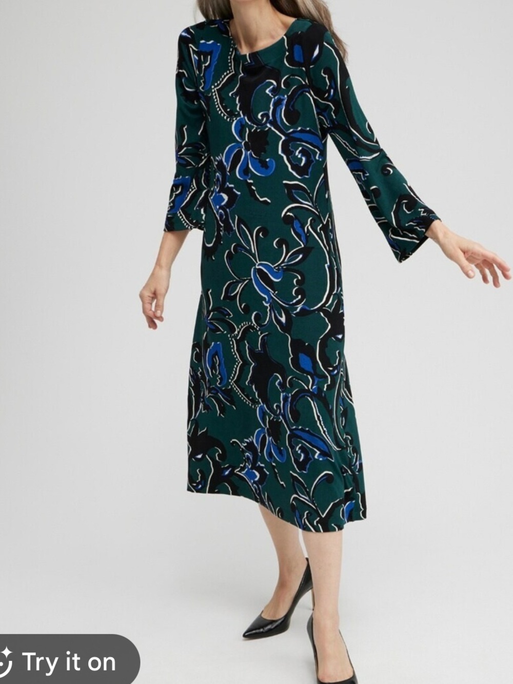 Chico’s Travelers Floral Bell Sleeve Dress in Enchanted Forest XL